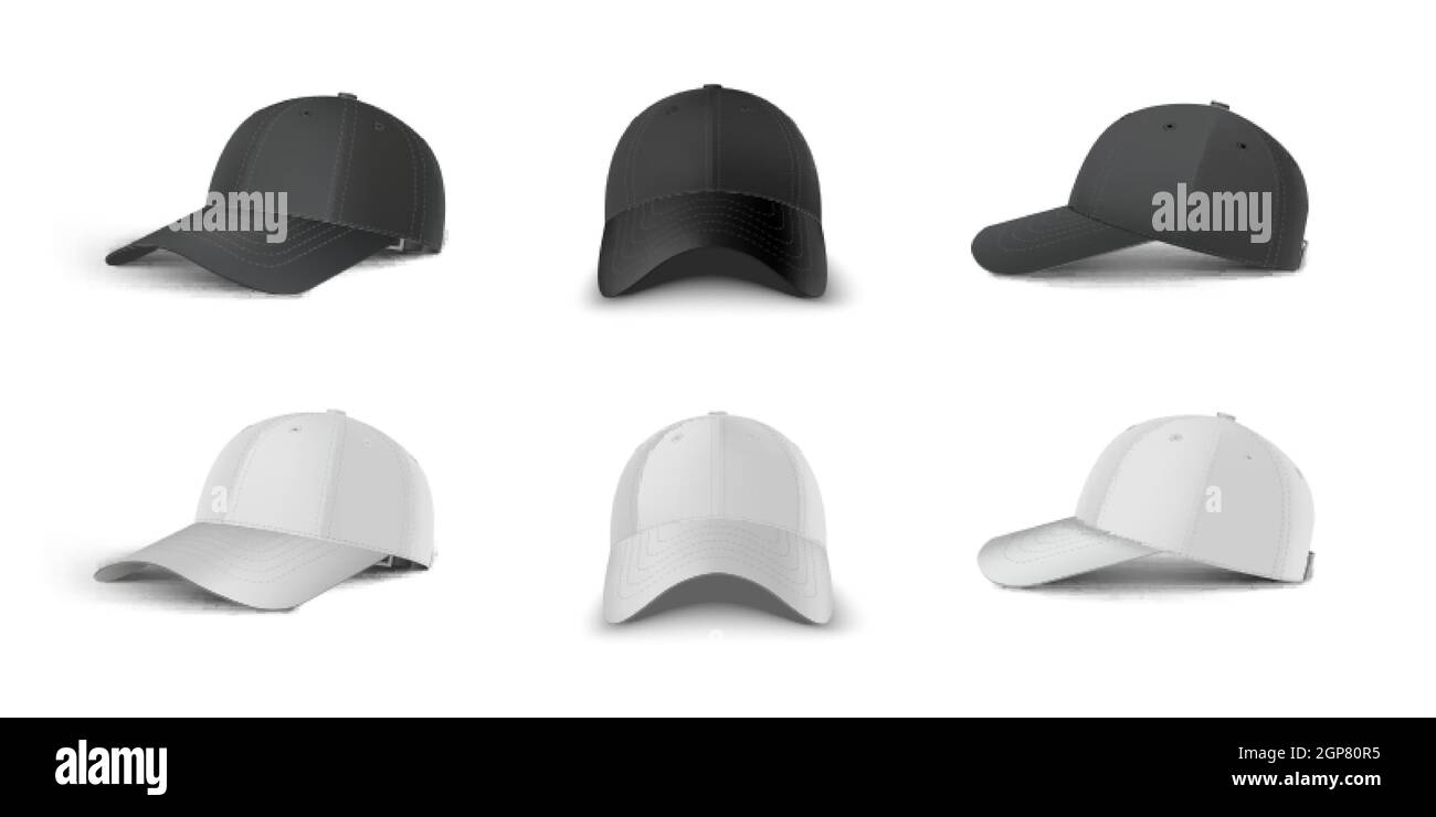 Schwarz-weiße Baseballkappe Seitenperspektive, Seite, Vorderansicht realistischer Vektor-Vorlagensatz. Stock Vektor