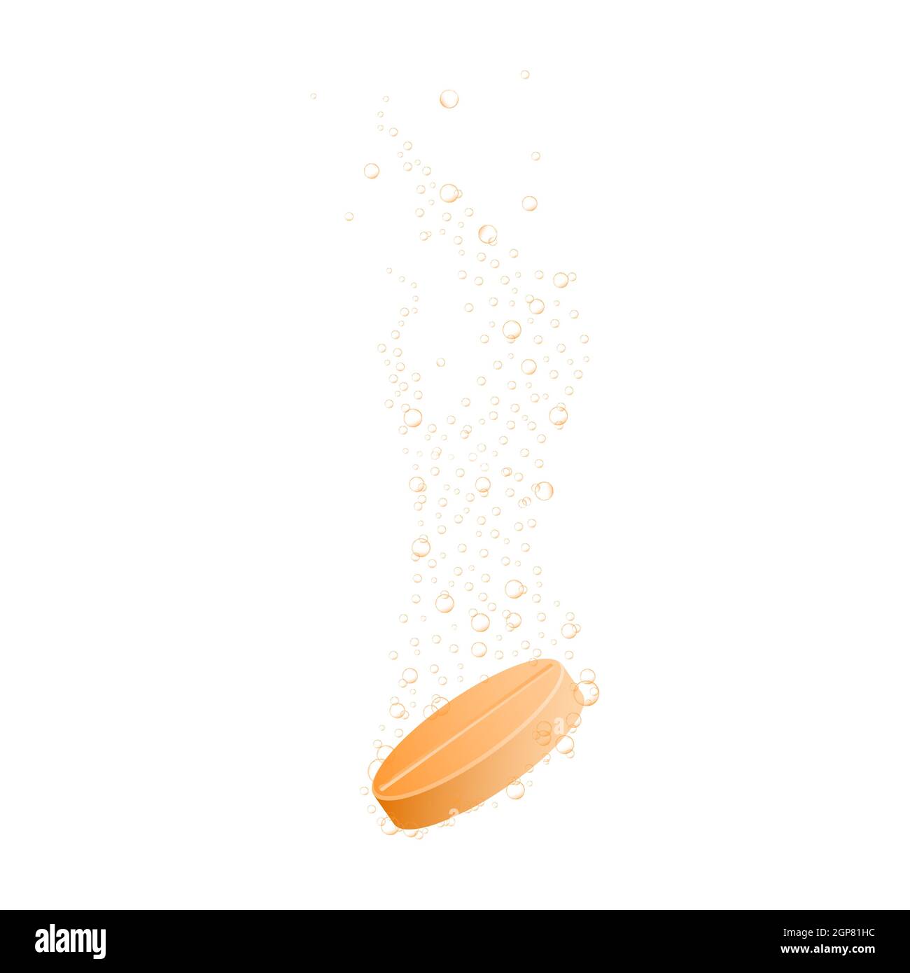 Brausetablette mit löslicher Orange und zischenden Unterwasserblasen. Medikamente oder Vitamintabletten lösen sich in Wasser auf weißem Hintergrund isoliert. Vektor-realistische Darstellung. Stock Vektor