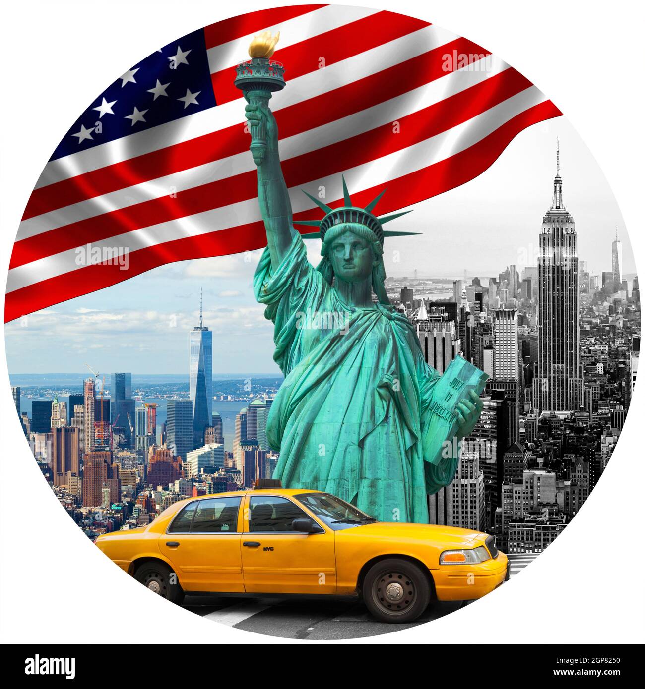 New York City mit der Freiheitsstatue, amerikanische Flagge und Symbole des big Apple. Stockfoto