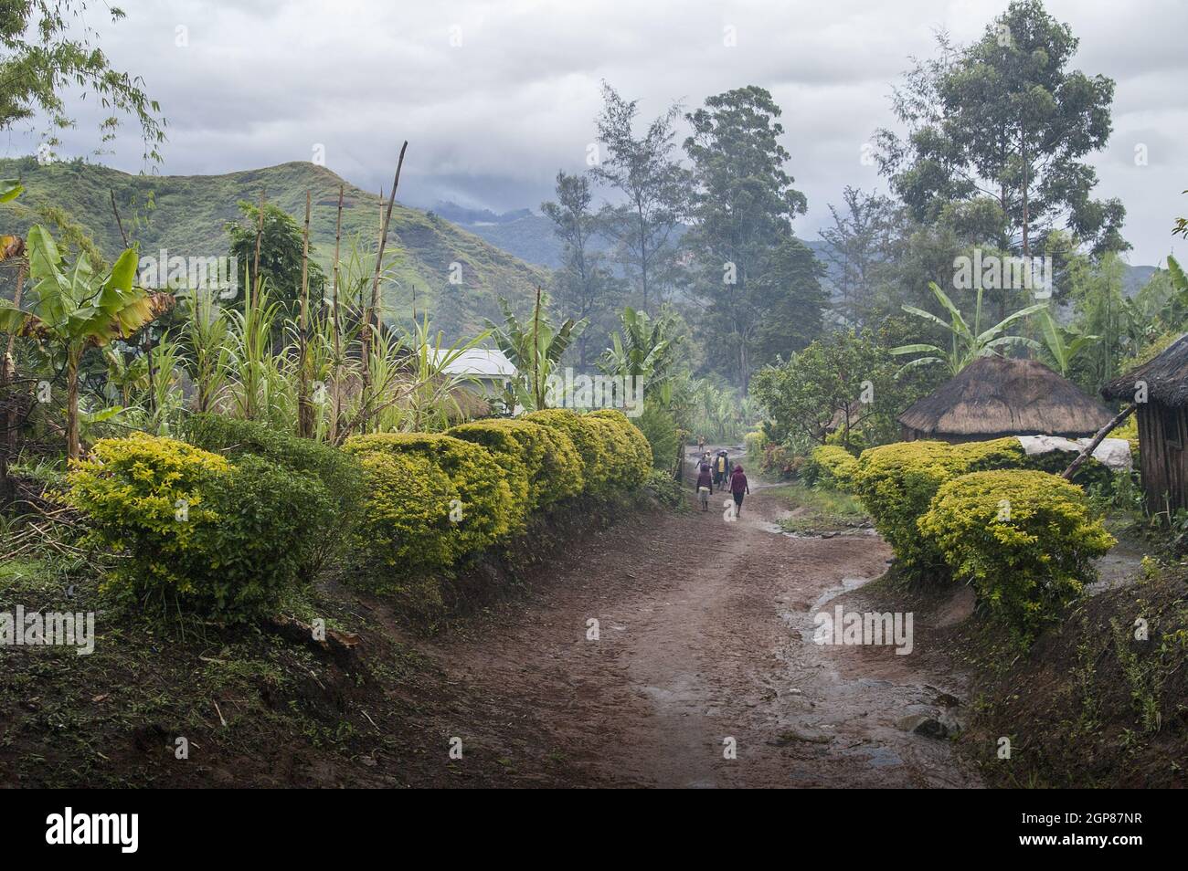 Papua-Neuguinea; Goroka; die katholische Missionsstation von Namta (Mefenga), die von den Missionaren der Heiligen Familie geleitet wird. Traditionelles papua-Dorf Stockfoto
