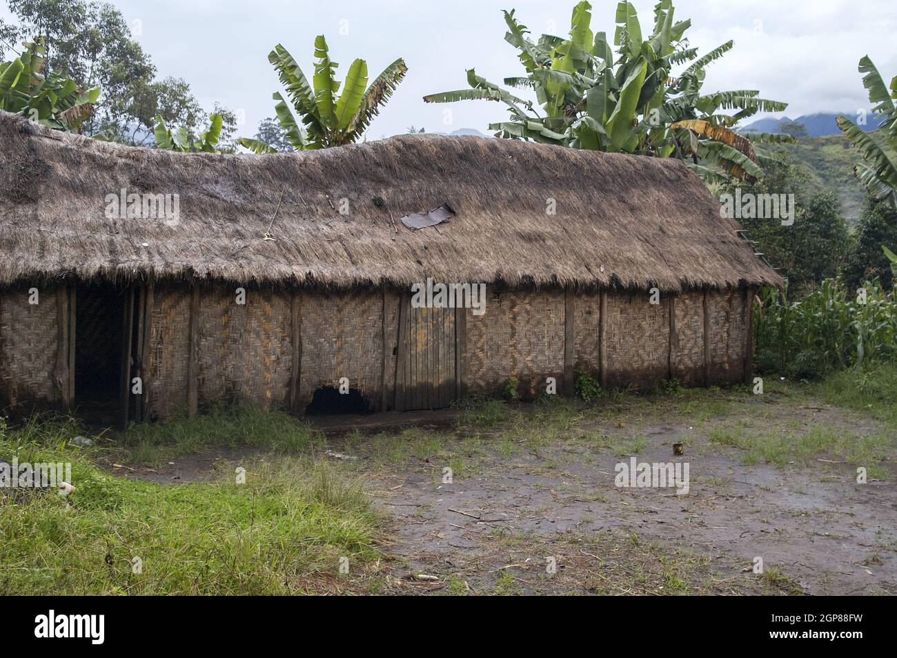 Papua-Neuguinea; Goroka; die katholische Missionsstation von Namta (Mefenga), die von den Missionaren der Heiligen Familie geleitet wird. Traditionelles papua-Dorf Stockfoto