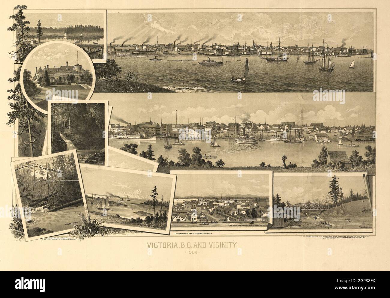 Collage aus Vintage-Schwarz-Weiß-Fotografien von Victoria, British Columbia und Umgebung aus dem Jahr 1884. Stockfoto
