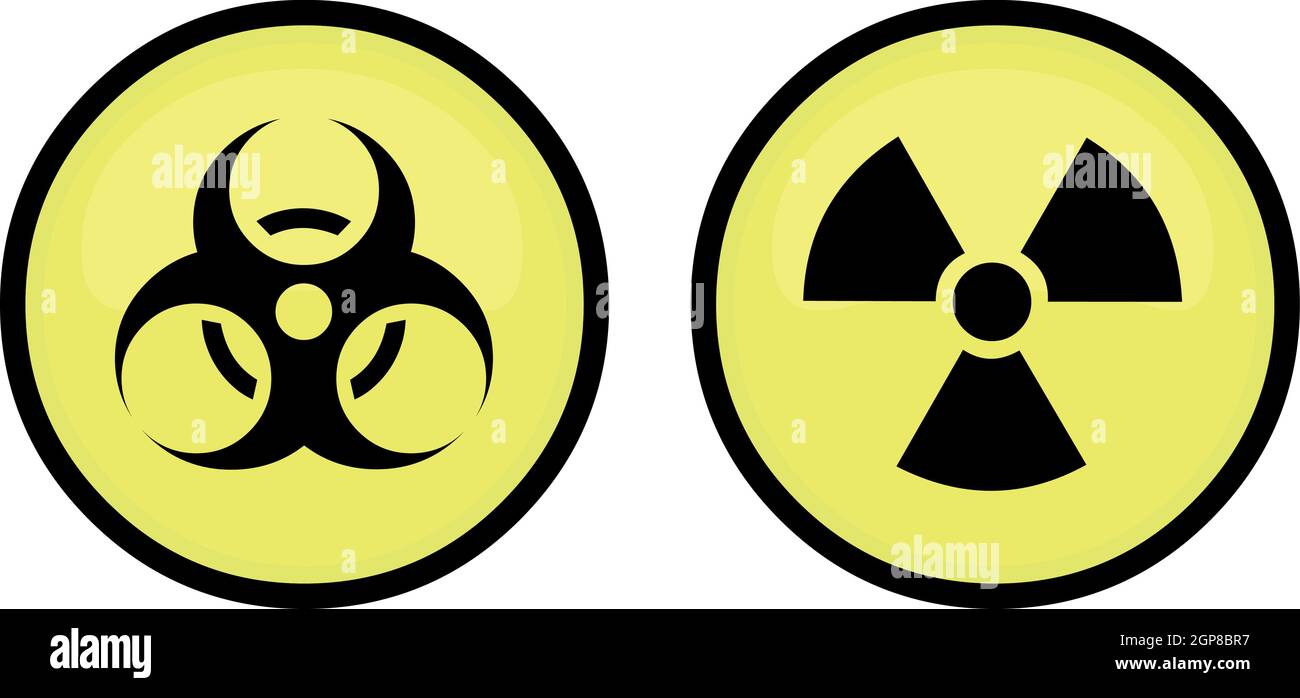 Vektordarstellung von radioaktiven und biogefährlichen Zeichen mit gelbem und schwarzem Kreishintergrund Stock Vektor