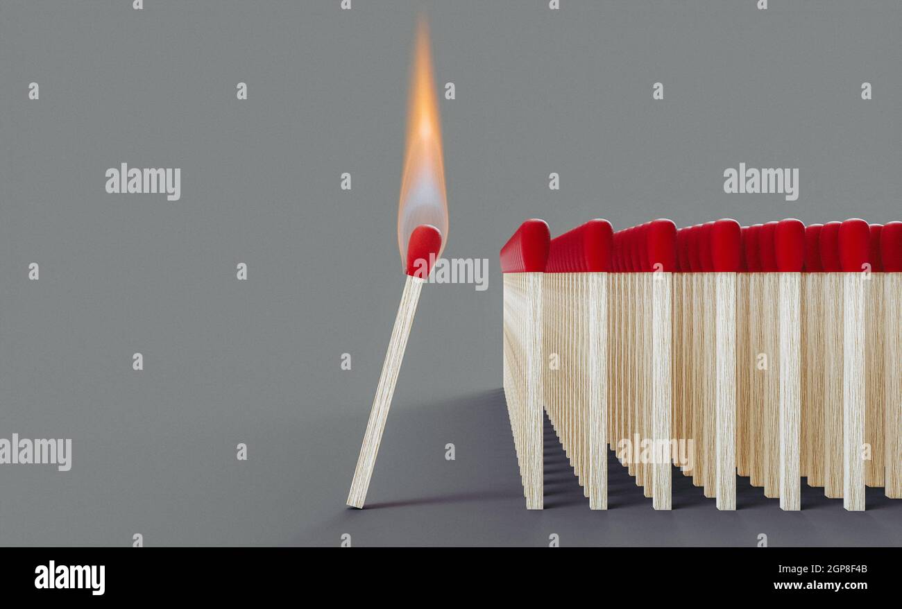 Lit Match nähert sich einer Gruppe von Streichhölzern. Konzept der Gefahr und Epidemie. 3D Rendern. Stockfoto