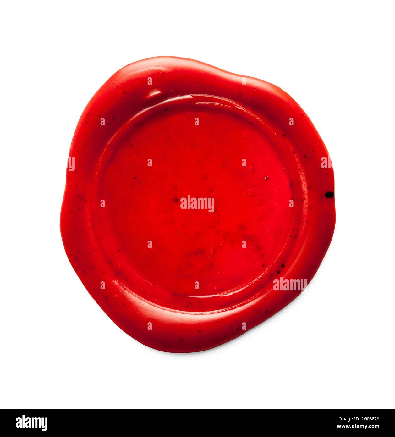 Red Wax Seal Auf Weiß Ausgeschnitten. Stockfoto