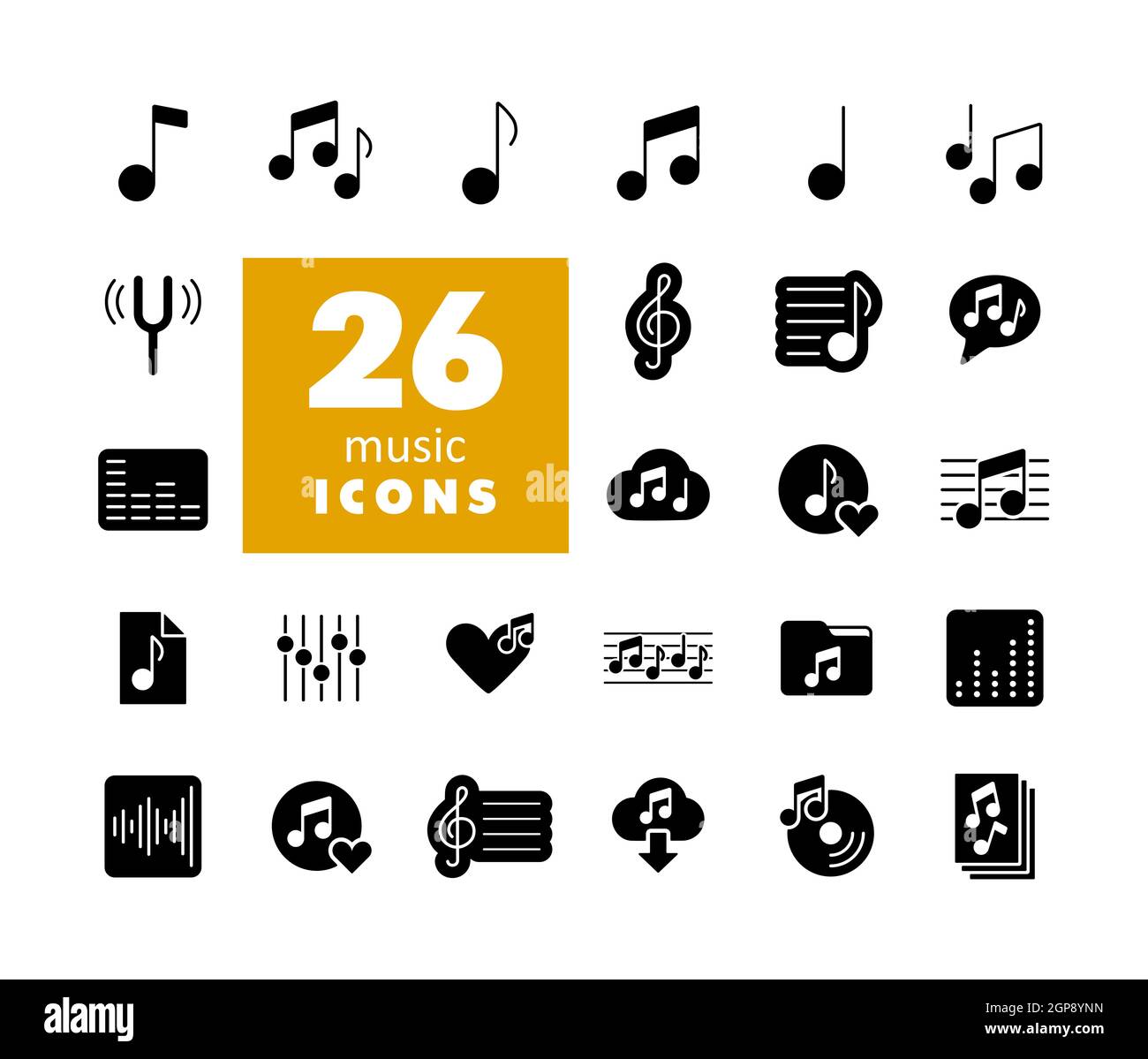 Noten flache Vektor Glyphen Symbole gesetzt. Graph Symbol für Musik und Sound Website und Apps Design, Logo, App, UI Stockfoto