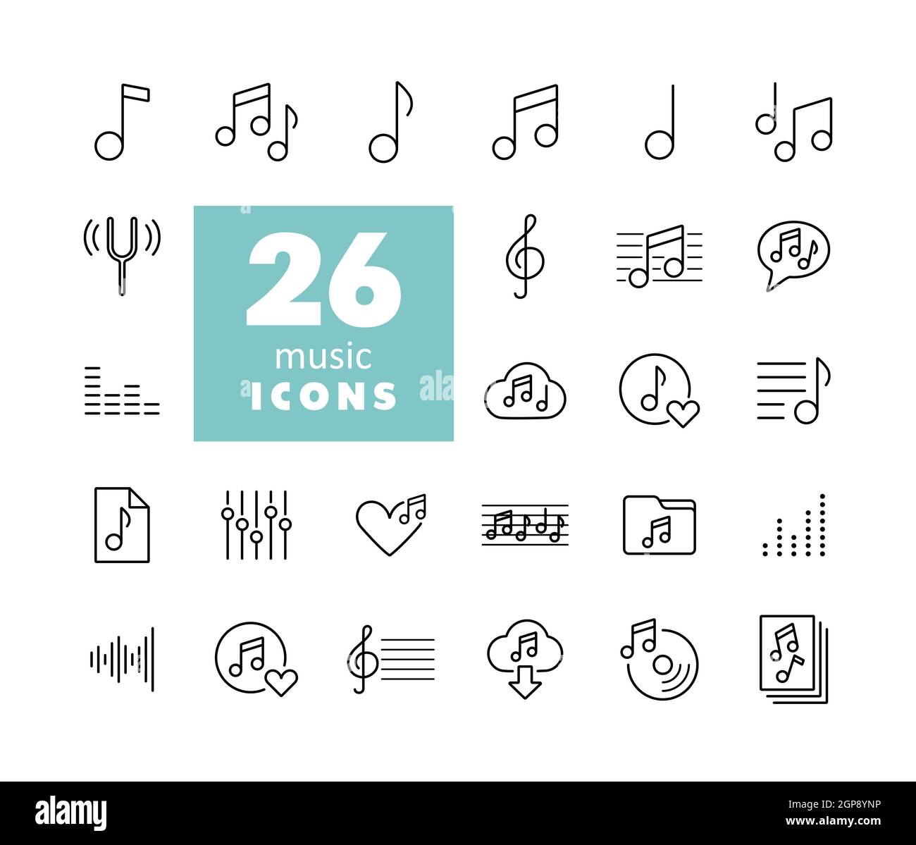 Noten flache Vektor-Symbole gesetzt. Graph Symbol für Musik und Sound Website und Apps Design, Logo, App, UI Stockfoto