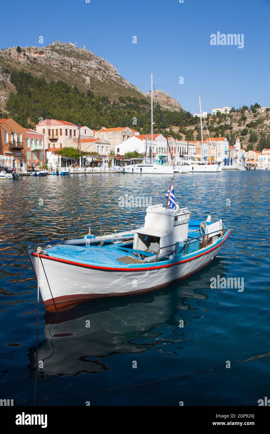Boote in Hafen, Insel Kastellorizo (Megisti), Dodecanese Group, Griechenland Stockfoto