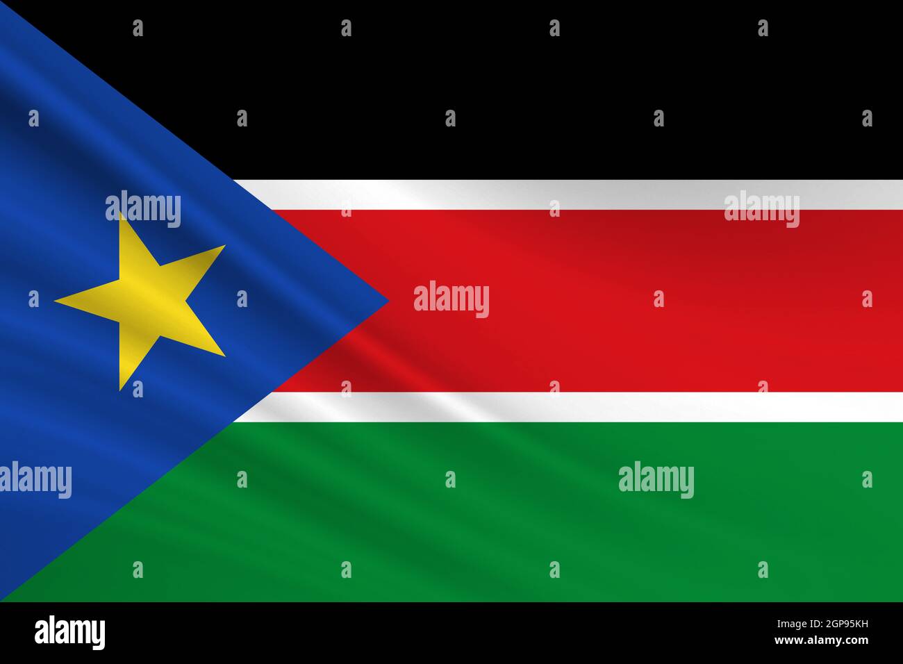 Flagge Südsudans. Stoffstruktur der Flagge des Südsudan. Stockfoto