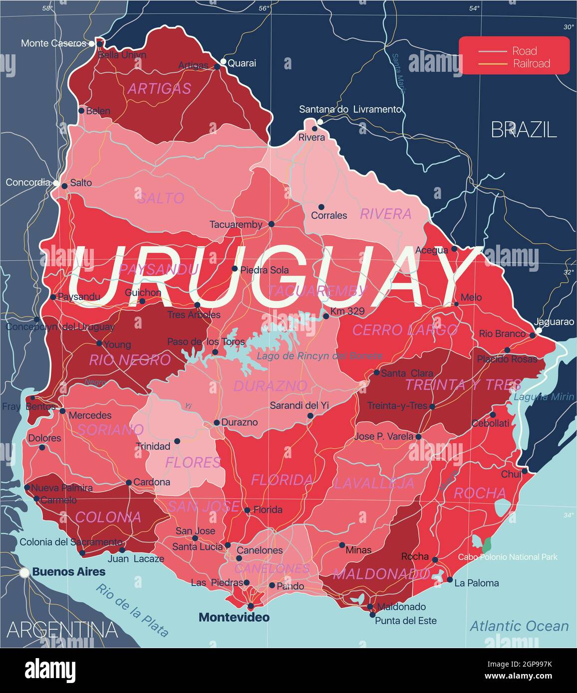 Uruguay Land detaillierte editierbare Karte mit Regionen Städte und