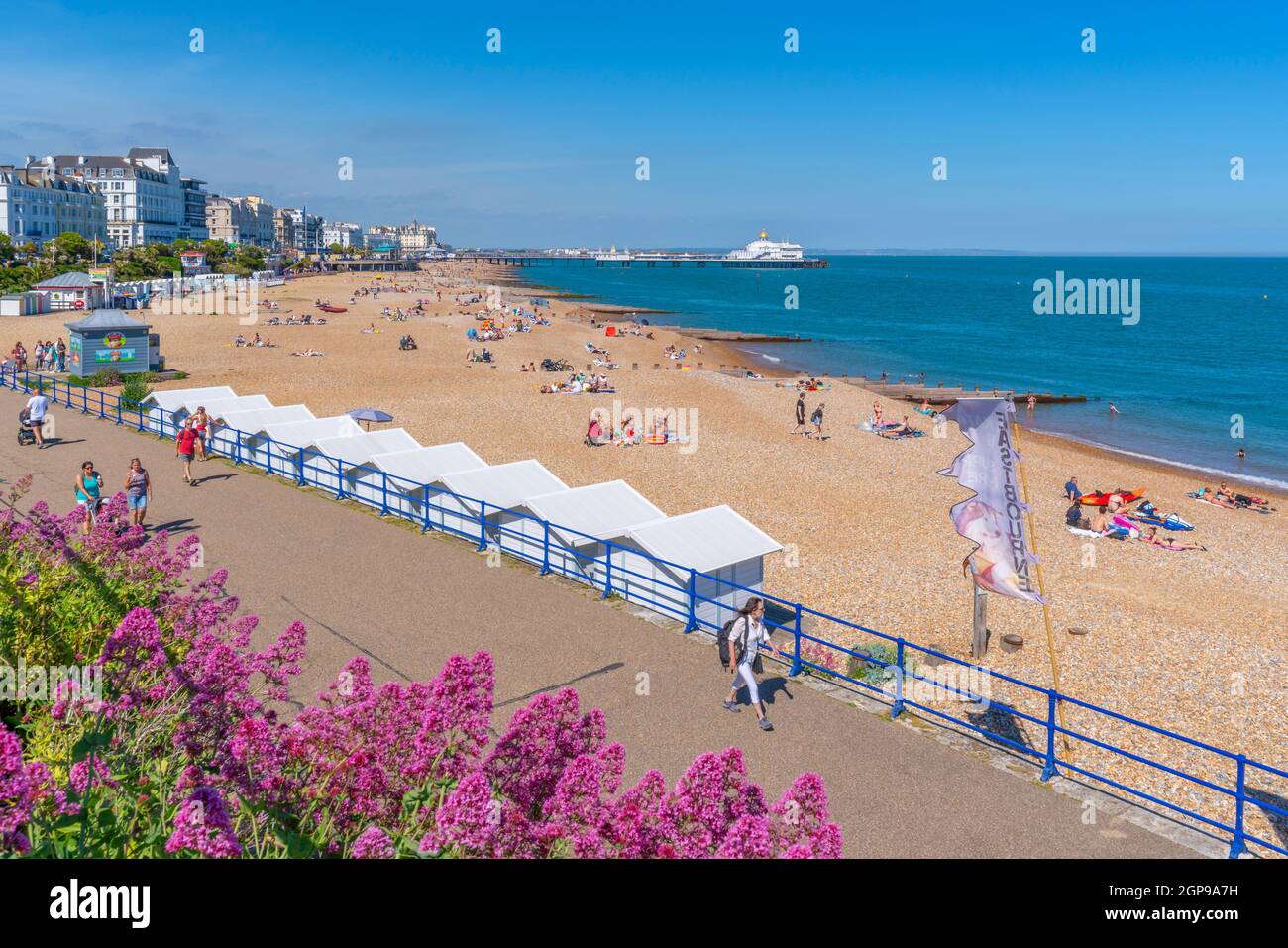 Blick auf Blumen, Strand und Eastbourne Pier in der Ferne im Sommer, Eastbourne, East Sussex, England, Großbritannien, Europa Stockfoto