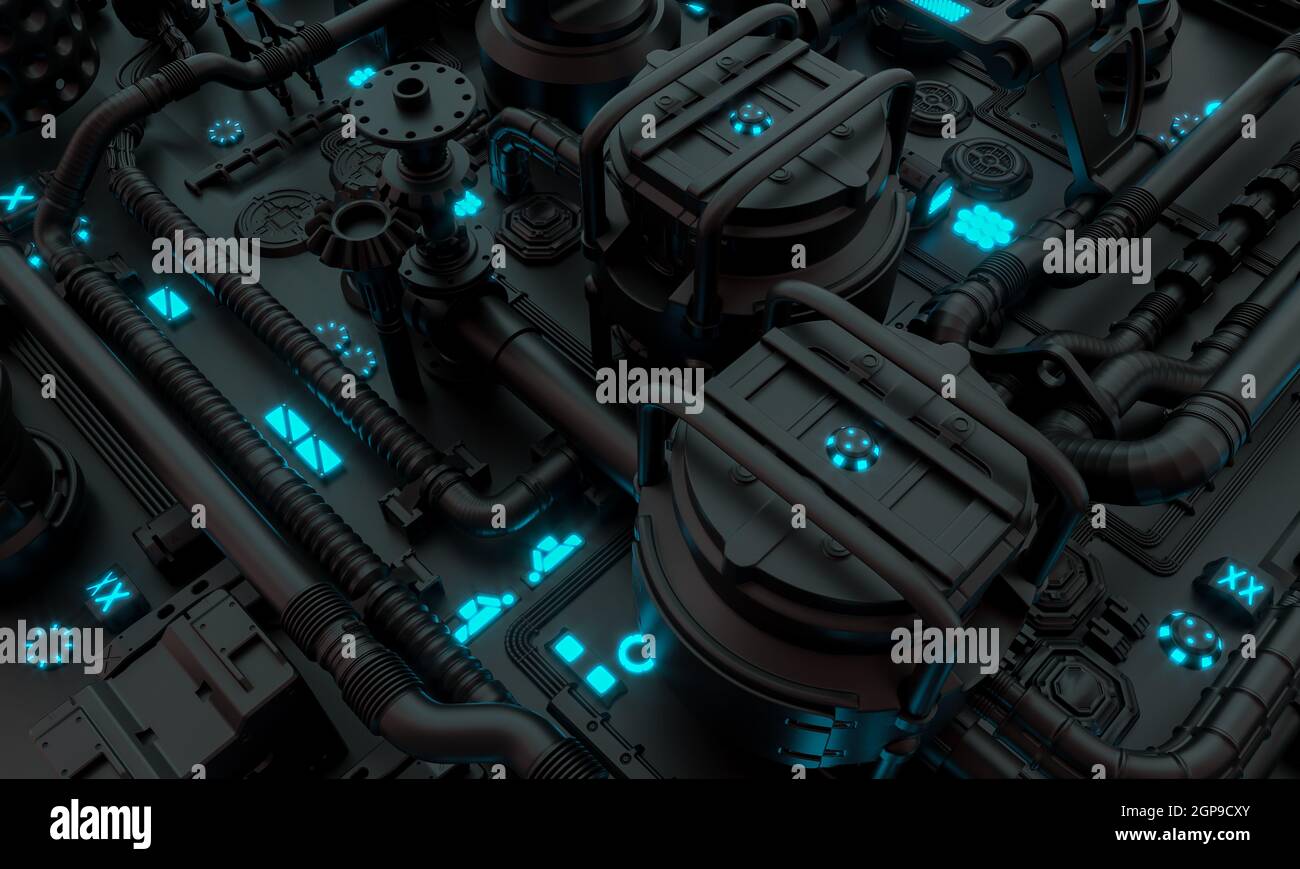3D Render Hintergrund einer futuristischen Struktur mit Sci-Fi-Pfeifen Und Kabel Stockfoto