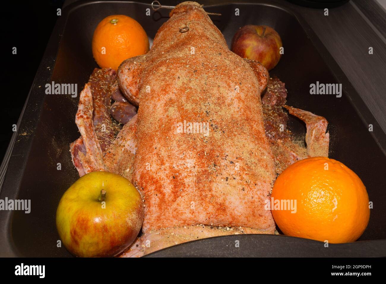 Braten Sie Gans gefüllt mit gebackenen Äpfeln und Orangen in einer Pfanne, festliche Weihnachtsrezept. Draufsicht mit Kopierbereich. Stockfoto