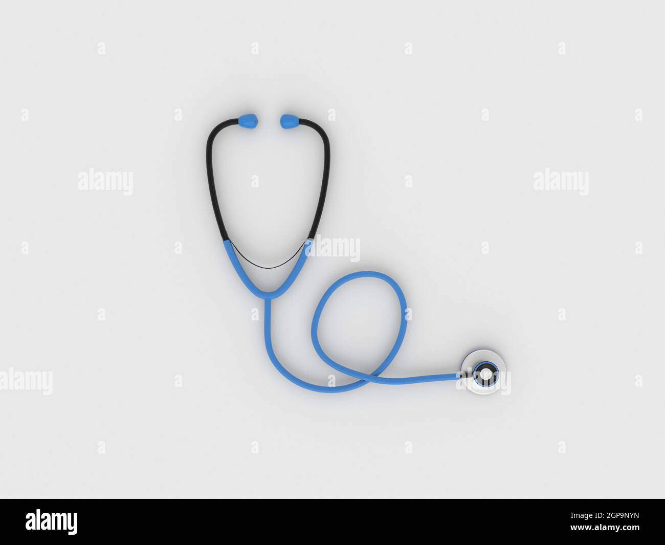 Rote Farbe herzförmiges Stethoskop auf weißem Hintergrund. 3D-Darstellung von medizinischen Geräten. Stockfoto