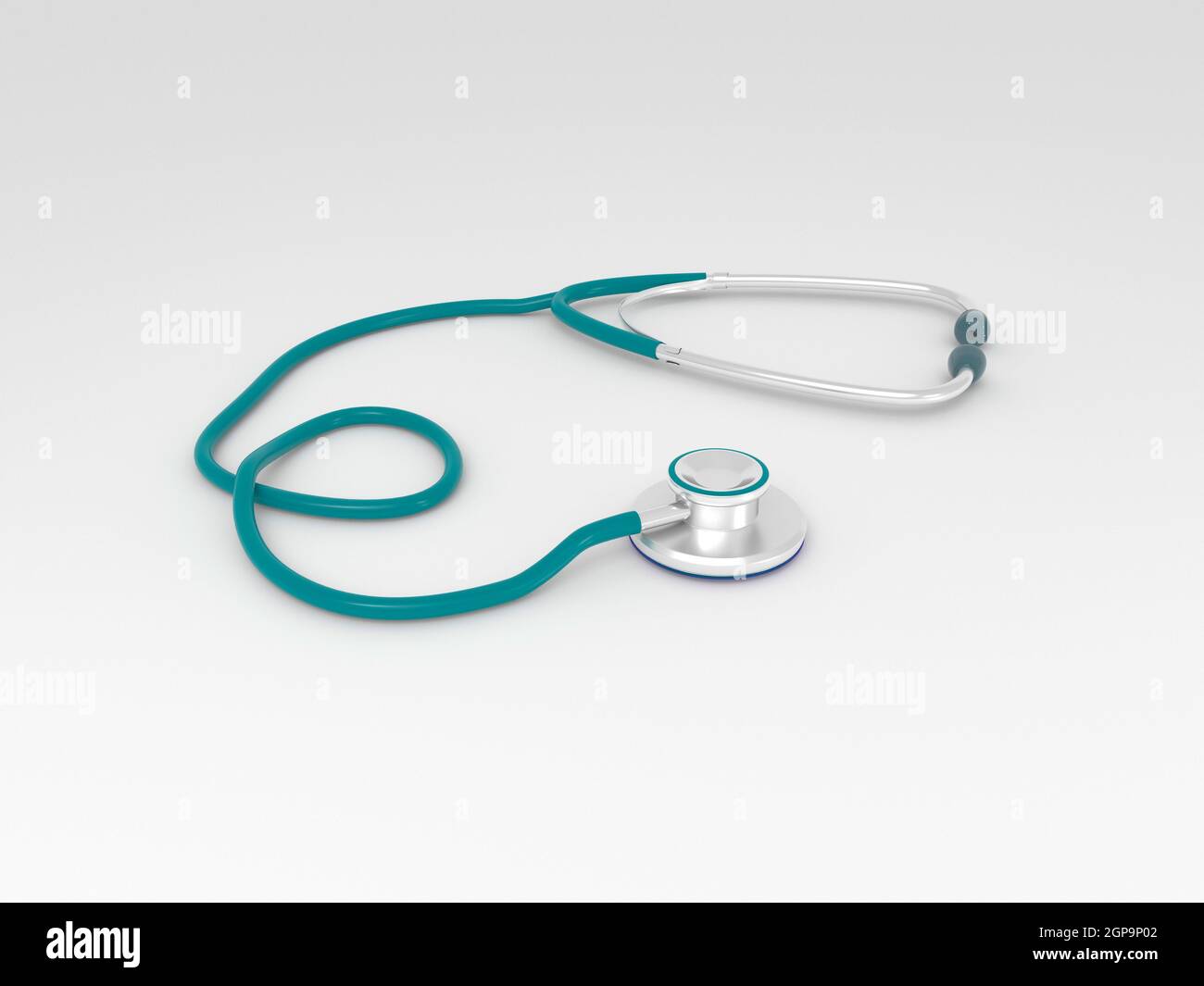 Rote Farbe herzförmiges Stethoskop auf weißem Hintergrund. 3D-Darstellung von medizinischen Geräten. Stockfoto