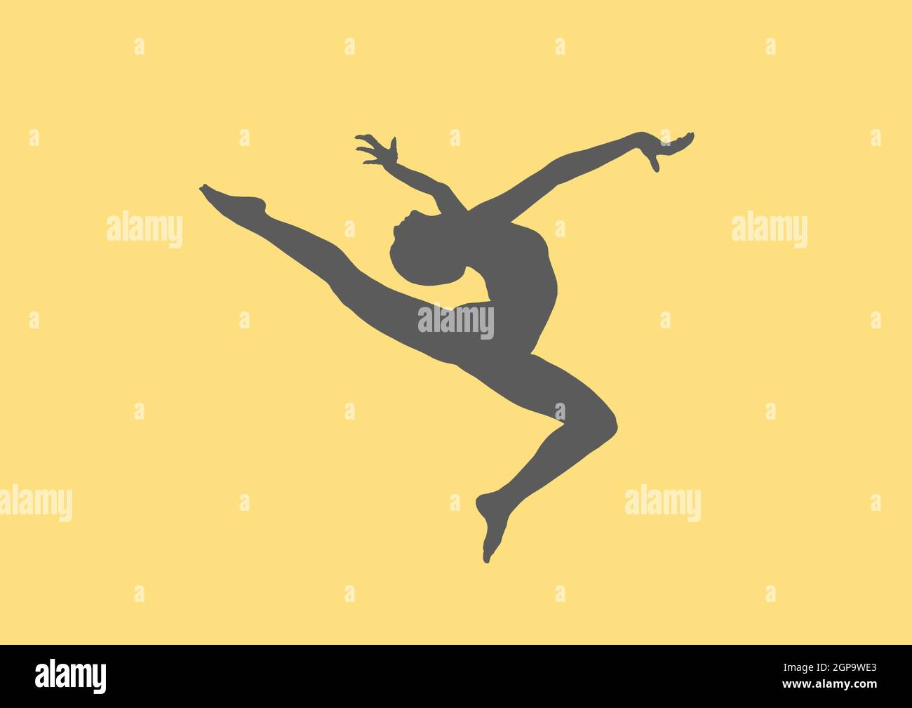 Silhouette eines springenden rhythmischen Turnsportlers. Stockfoto