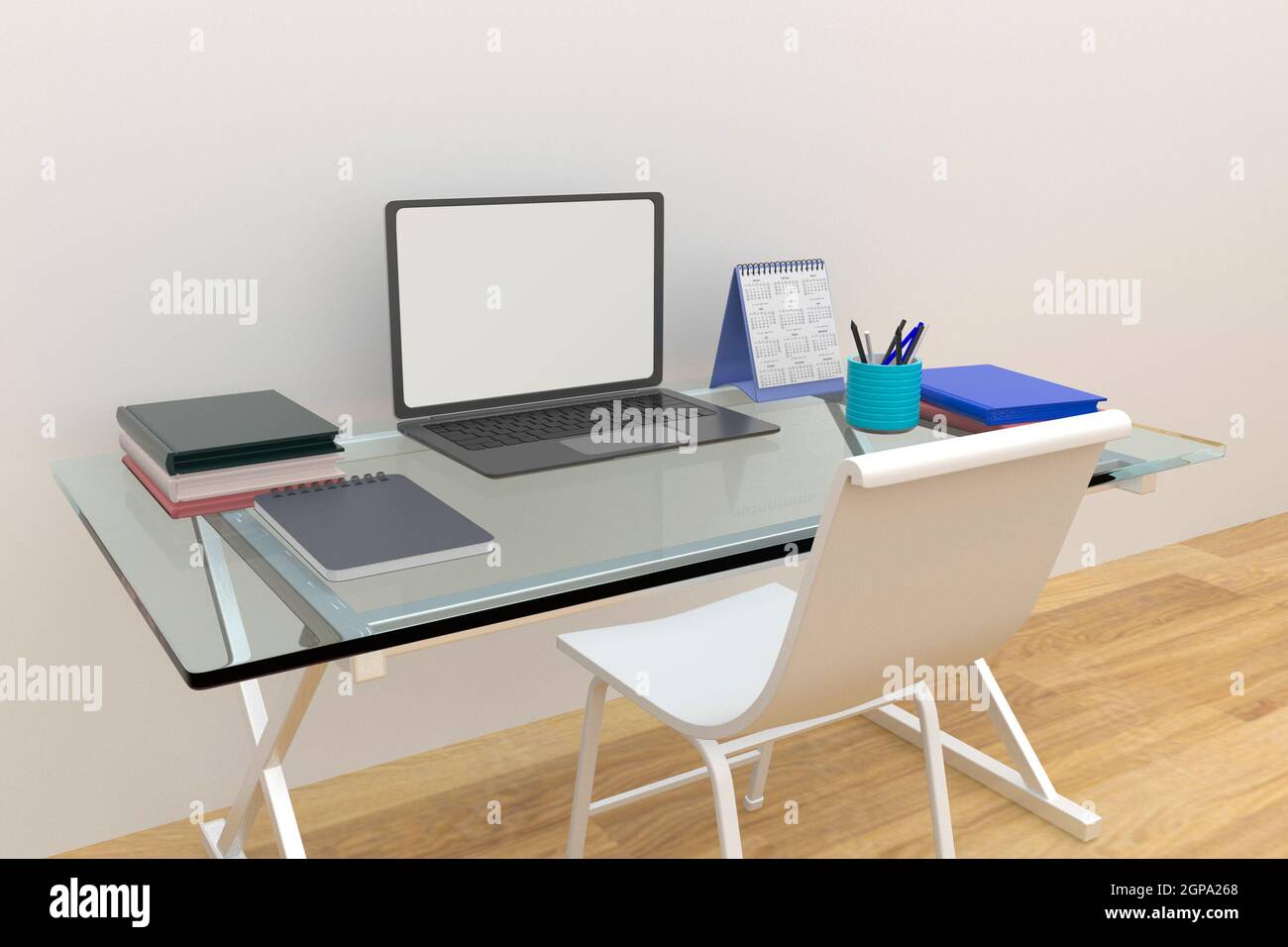 Laptop-Schreibtisch. Schöner Arbeitsplatz für die Arbeit von zu Hause aus. 3D-Grafik-Rendering. Stockfoto