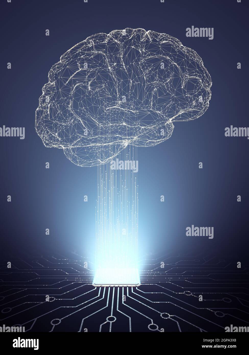 Künstliche Intelligenz, elektrische Impulse aus dem Mikrochip, die Bildung eines Gehirns mit Linien von Verbindungen. Stockfoto