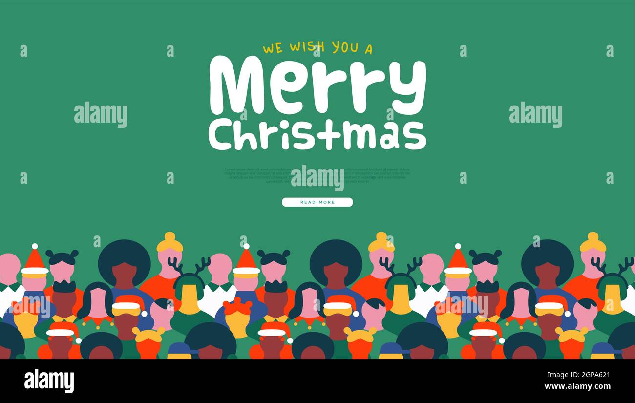 Fröhliche Weihnachten Web-Vorlage Illustration von verschiedenen festlichen Menschen Menge tragen Weihnachtskleidung und Feiertagsdekoration. Winter Feier Veranstaltung backgr Stock Vektor