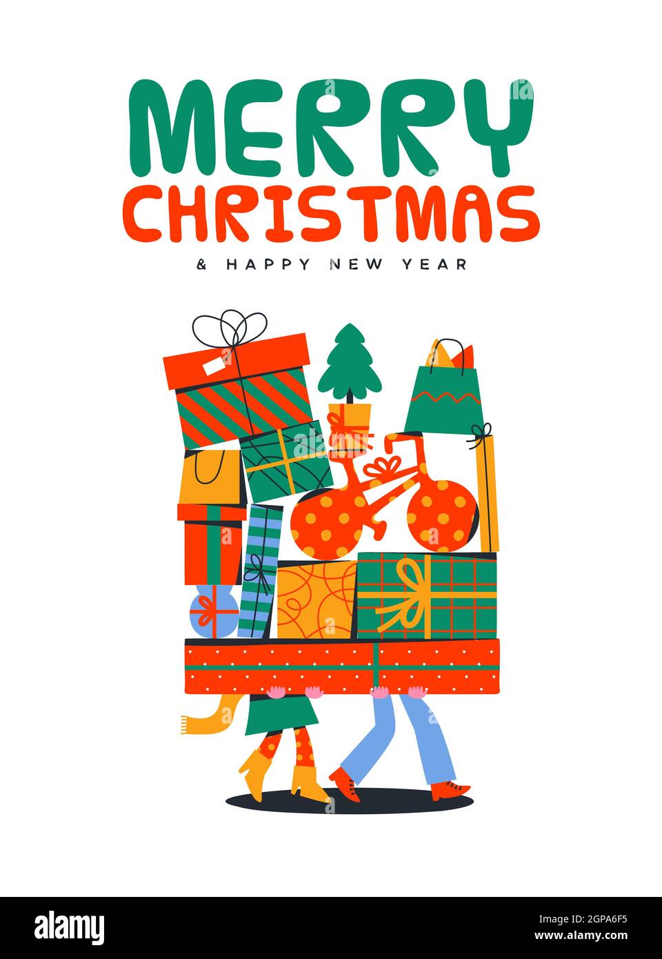 Frohe Weihnachten Frohe Neujahr Grußkarte Illustration von lustigen Mann und Frau mit großen Geschenk-Box Stapel. Fun Karton für Winter Weihnachten Urlaub presen Stock Vektor