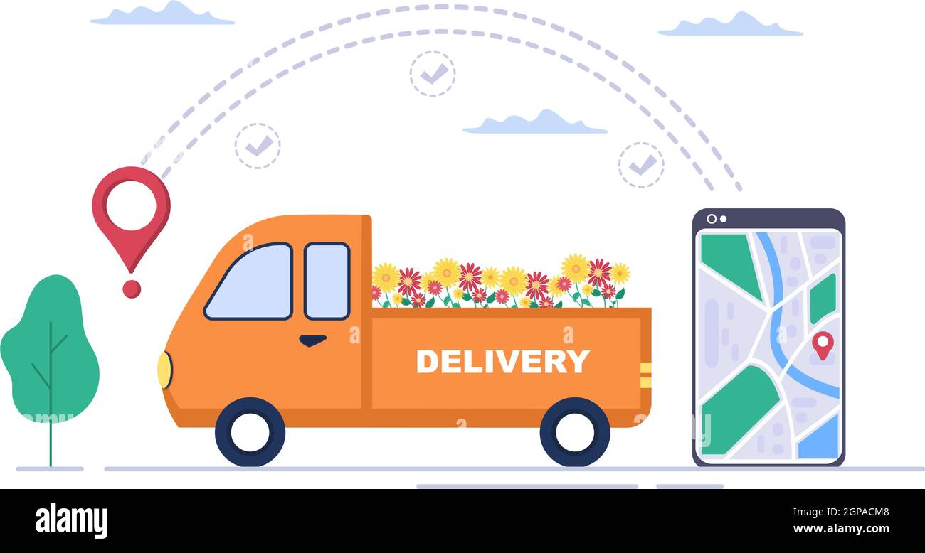 Blumenlieferservice Online-Geschäft mit Courier Bestelle Bouquet mit LKWs, Autos oder Motorrädern. Hintergrund Vektorgrafik Stock Vektor