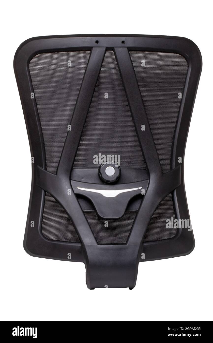 Ersatzteile isoliert. Nahaufnahme der schwarzen Rückenlehne eines Büro- oder Computerstuhls isoliert auf weißem Hintergrund. Beschneidungspfad. Makro von einem ergonomischen Design Stockfoto