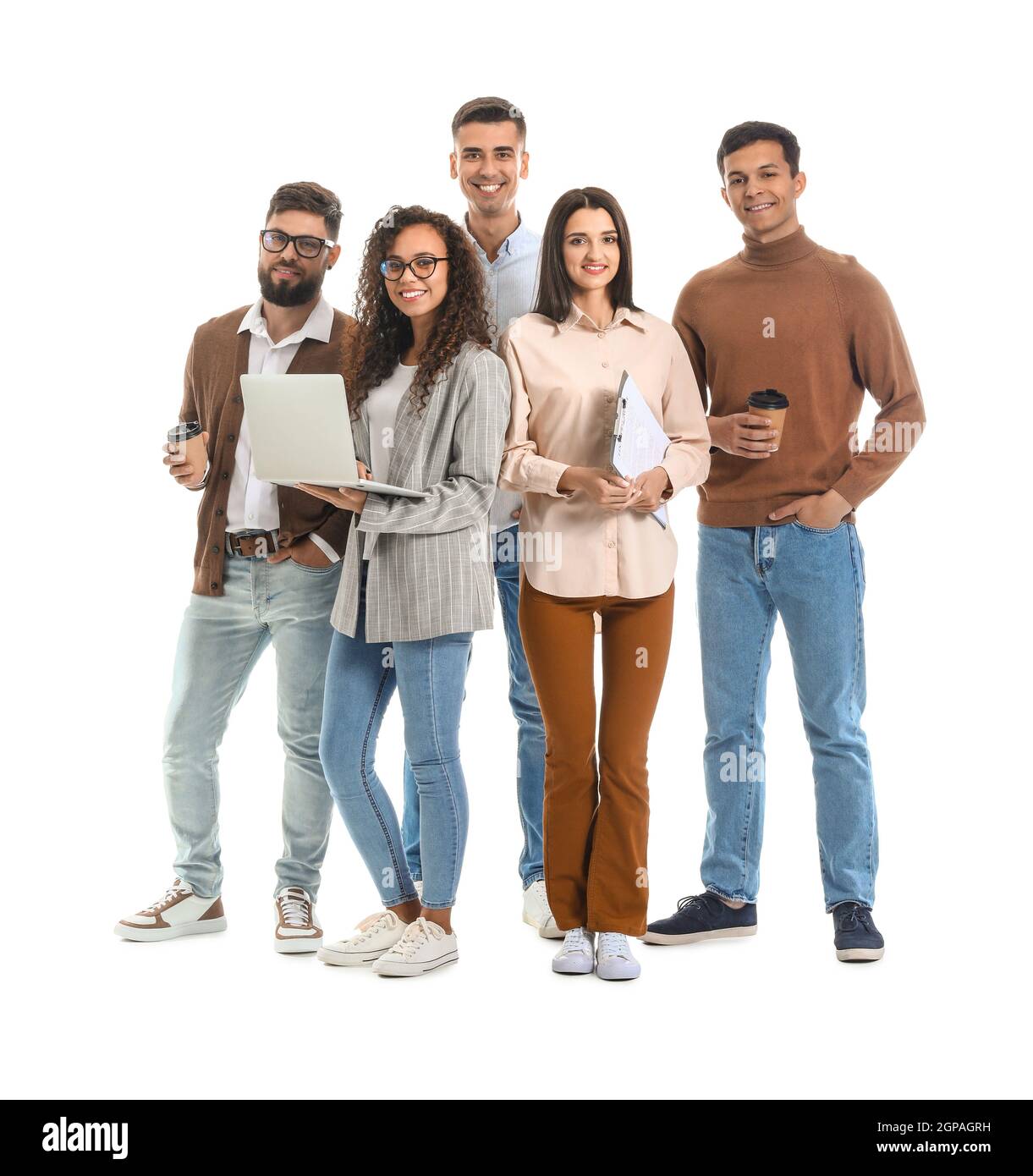 Team von jungen Geschäftsleuten auf weißem Hintergrund Stockfoto