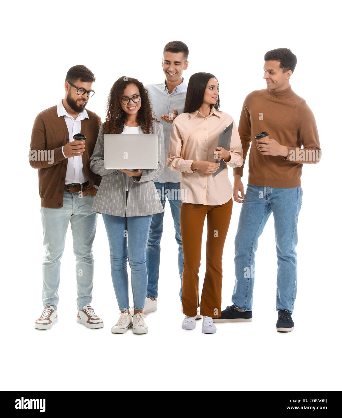 Team von jungen Geschäftsleuten auf weißem Hintergrund Stockfoto