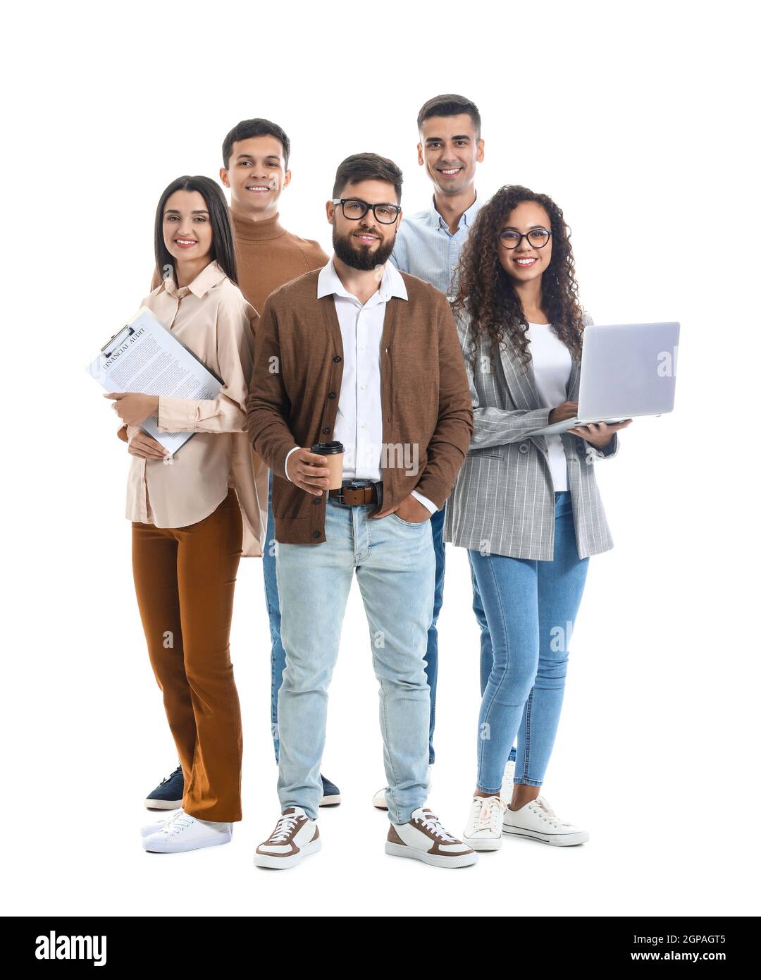Team von jungen Geschäftsleuten auf weißem Hintergrund Stockfoto