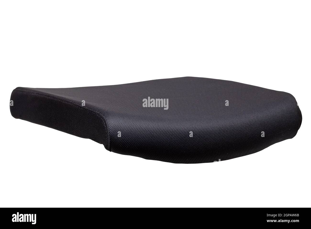 Ersatzteile isoliert. Nahaufnahme eines schwarzen hochwertigen Sitzpolsters eines Büro- oder Computerstuhls isoliert auf weißem Hintergrund. Beschneidungspfad. Makro. Stockfoto