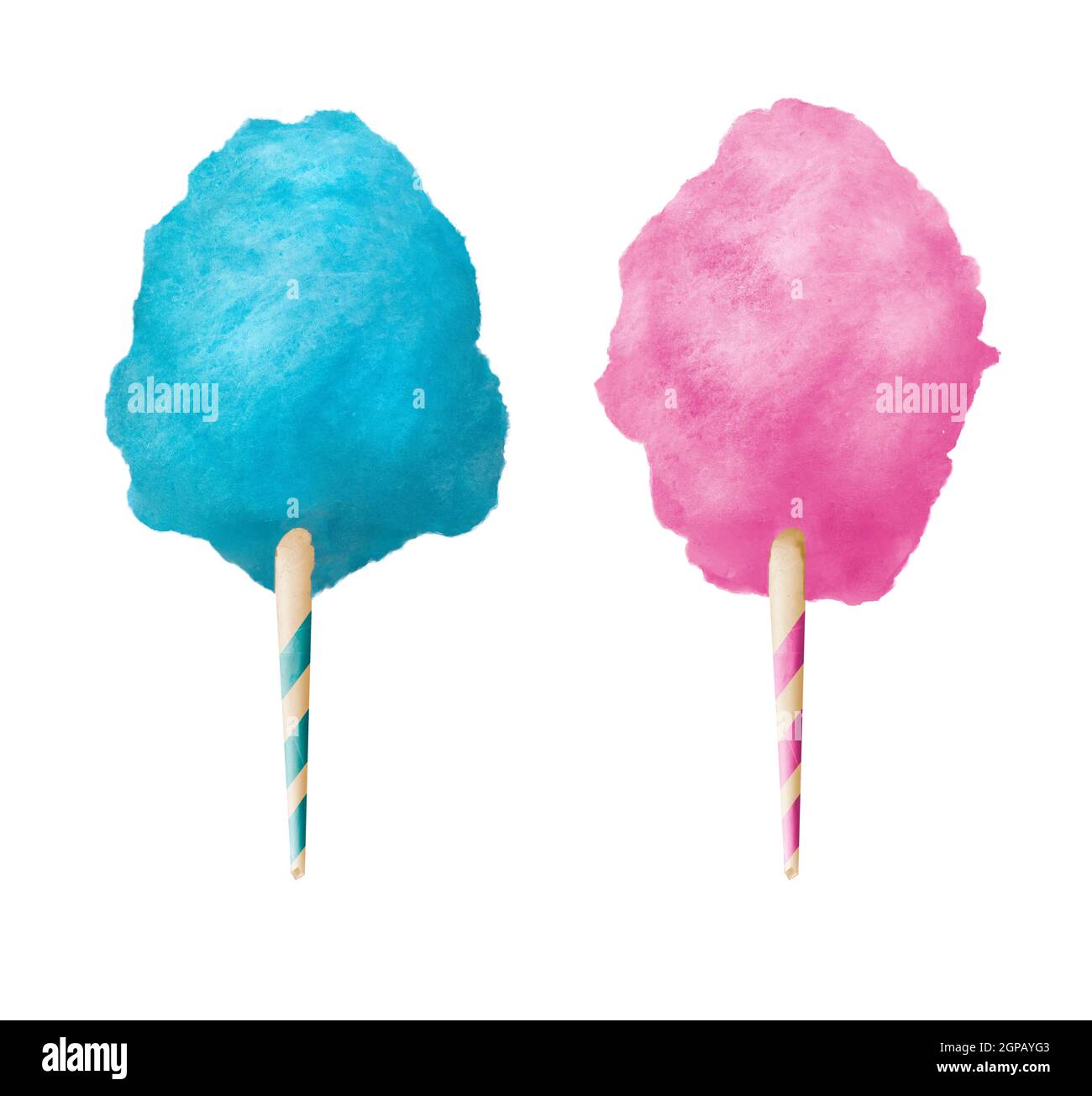 Blaue und rosafarbene Zuckerwatte auf einem Stock. Isoliert auf weißem Hintergrund. Stockfoto