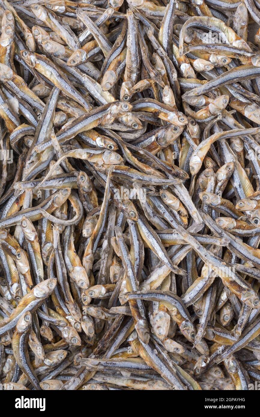 Gesalzener kleiner trockener Fisch, der in der traditionellen asiatischen Küche verwendet wird, Nahaufnahme, Vollbildansicht Stockfoto