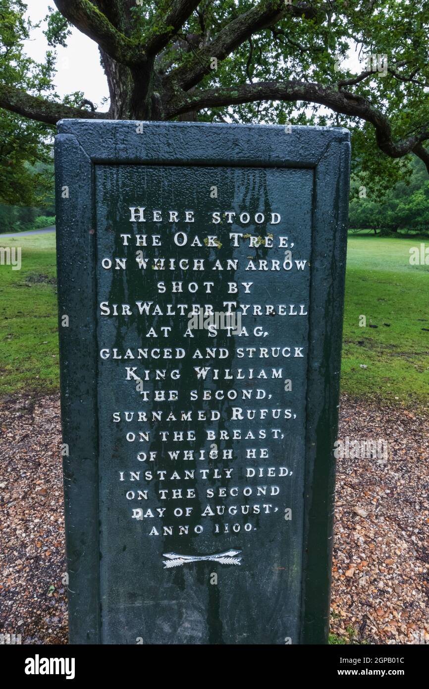 England, Hampshire, The New Forest, Minstead, Rufus Stone, Der Ort, an dem Wilhelm II. Versehentlich durch einen Pfeil von Sir Walter Tyrrell getötet wurde Stockfoto