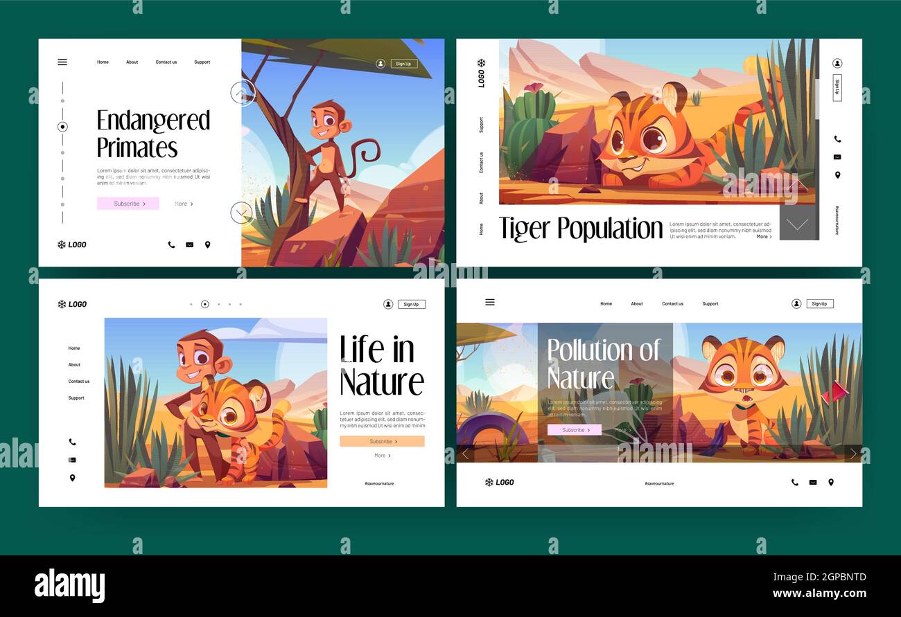 Speichern Natur Cartoon Landing Pages, wilde afrikanische Tiere Tiger Junge und Affe in Wüste Naturlandschaft. Leben und Verschmutzung der Natur, bedrohte Arten, Primaten Bevölkerung, Vector Web Banner Set Stock Vektor