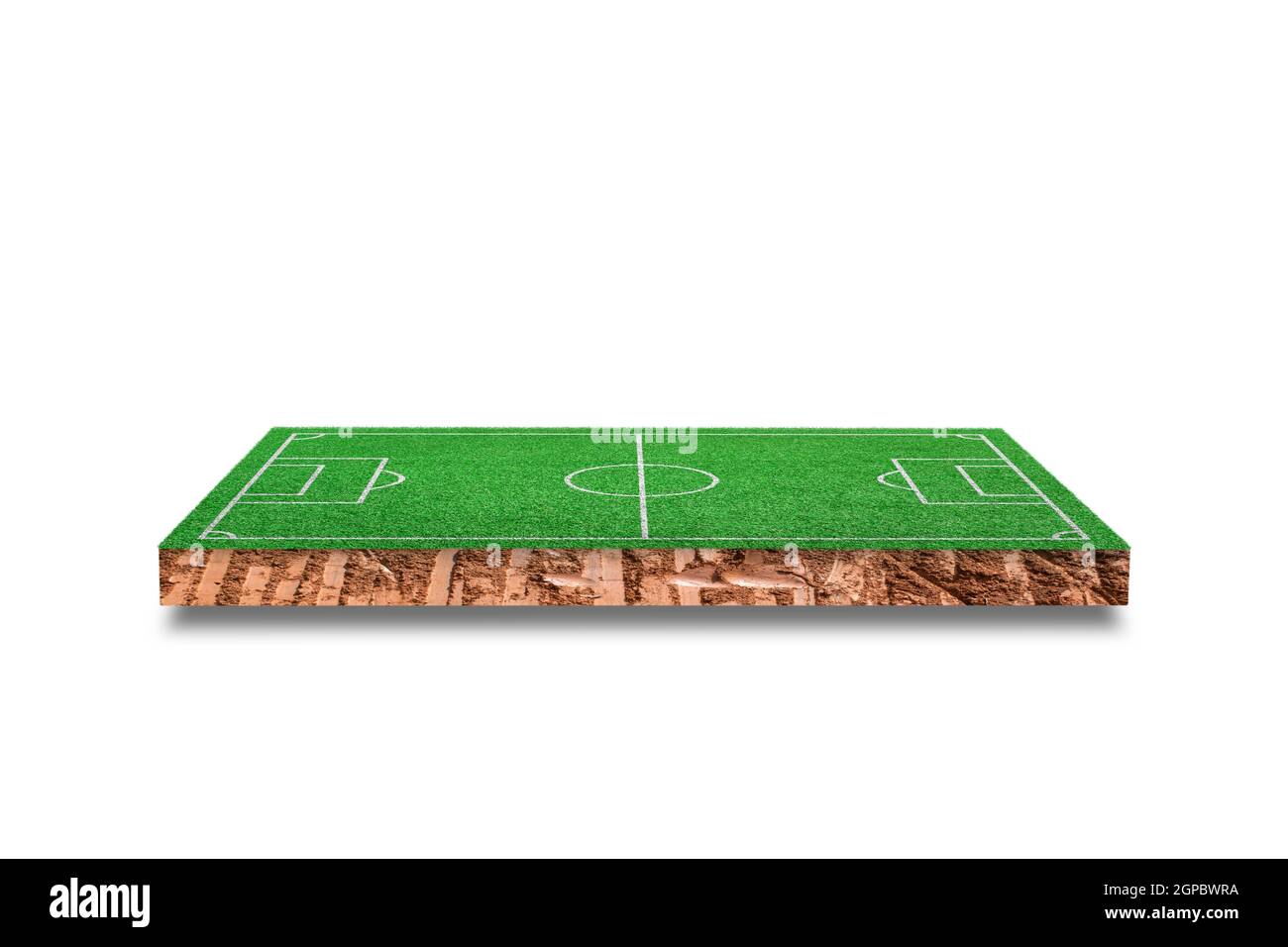 Boden kubischen Querschnitt mit grünem Gras Fußballfeld isoliert auf weißem Hintergrund. 3D-Rendering. Stockfoto