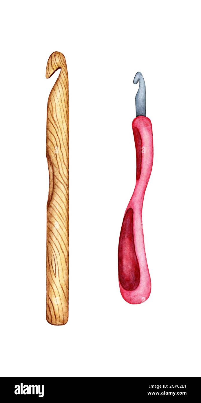 Aquarell-Illustration eines Häkelnadeln-Sets. Holz, Metall. DIY-Werkzeuge für Nadelarbeit, Kreativität. Isoliert auf weißem Hintergrund. Von Hand gezeichnet. Stockfoto