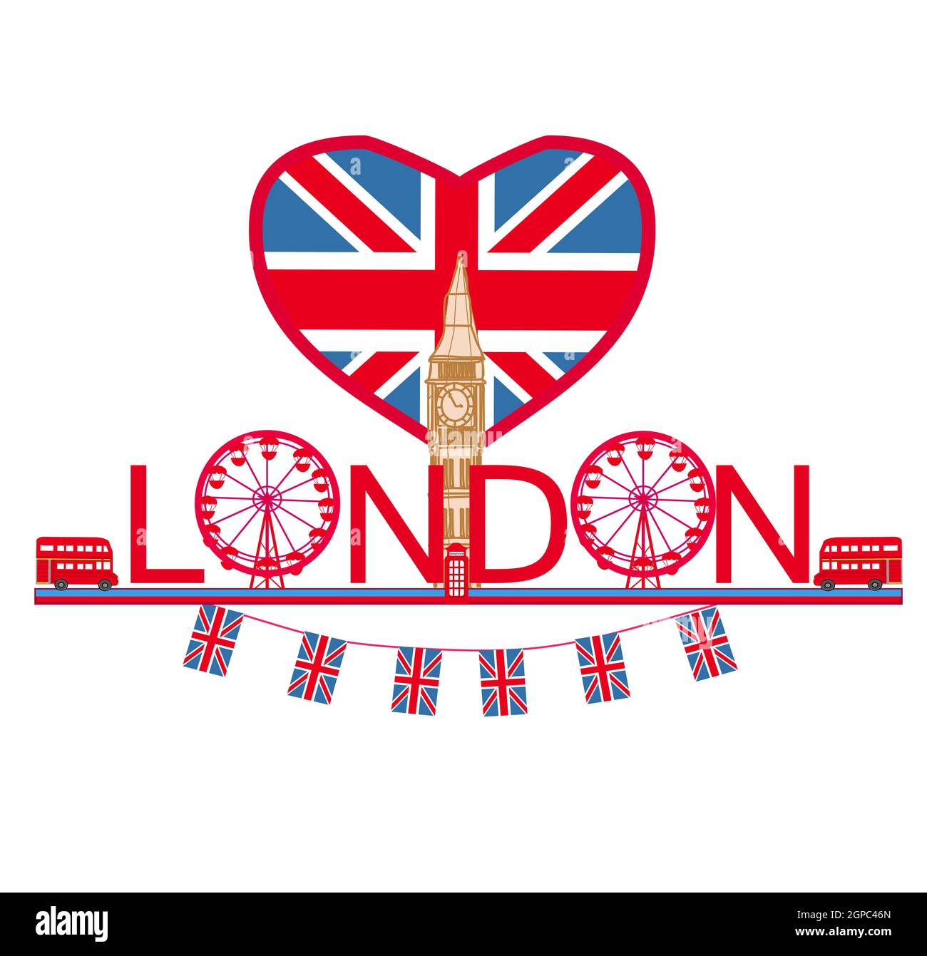 Dekorativer Text mit Ikonen von London Stockfoto