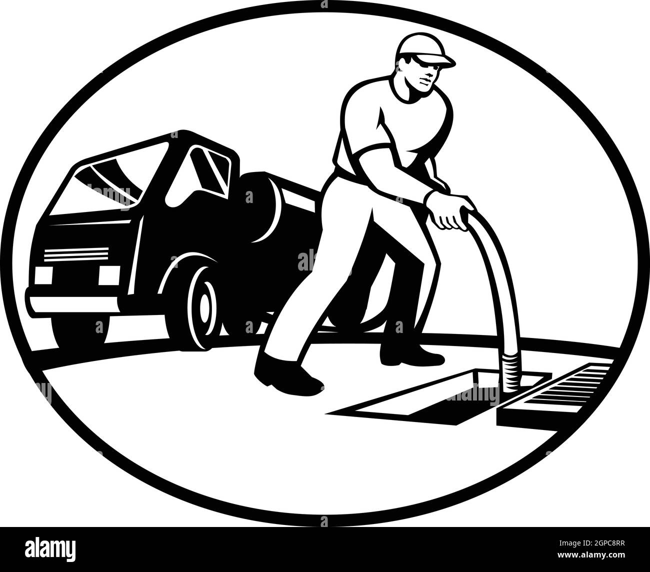 Illustration eines Drainage Drain Chirurgen entblocker Arbeiter entsperren Schlauch in Schachtloch mit Drainage-LKW Hydro-Einheit in schwarz-weiß Retro-Stil. Stock Vektor