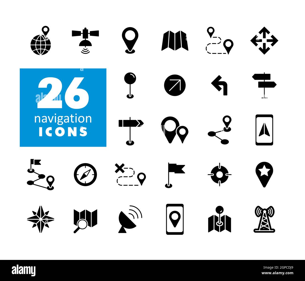 Karten, Standort, Navigationsvektor Glyphen-Symbole gesetzt. Graph-Symbol für Reise- und Tourismus-Website und Apps Design, Logo, App, UI Stockfoto