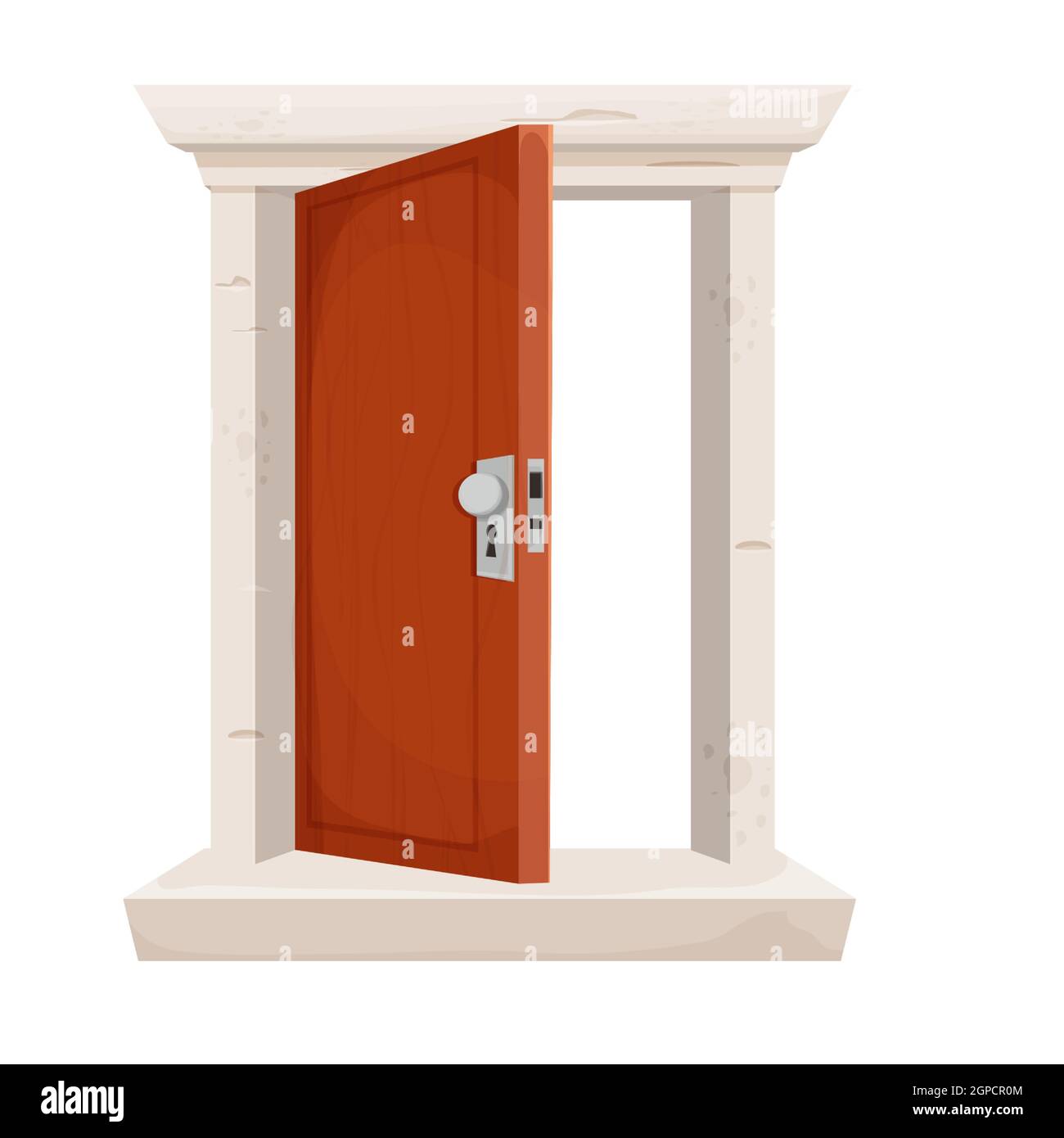 Offene Tür, Eingang im Cartoon-Stil isoliert auf weißem Hintergrund. Hölzerne Tür mit Steinrahmen. Detailliertes, strukturiertes Element. Vektorgrafik Stock Vektor