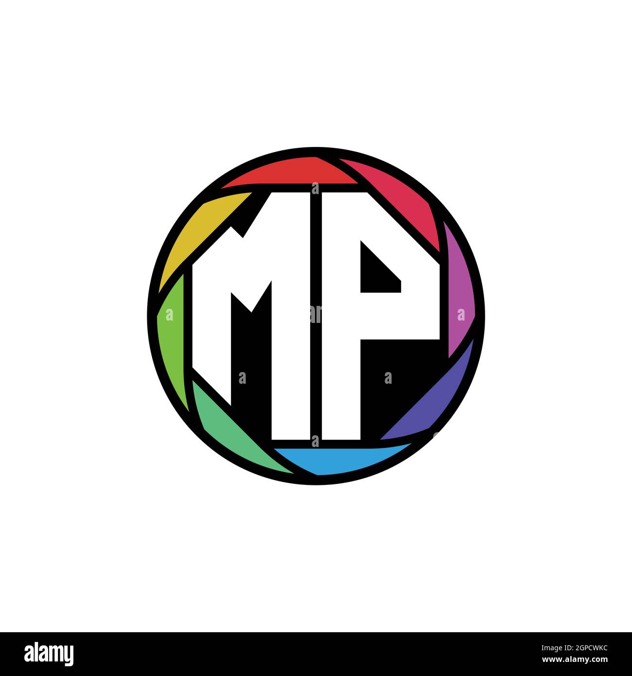 MP Monogram Logo Buchstabe Geometrische Polygonallinse Regenbogen, geometrischer Kreis abgerundete Form Stil Stock Vektor