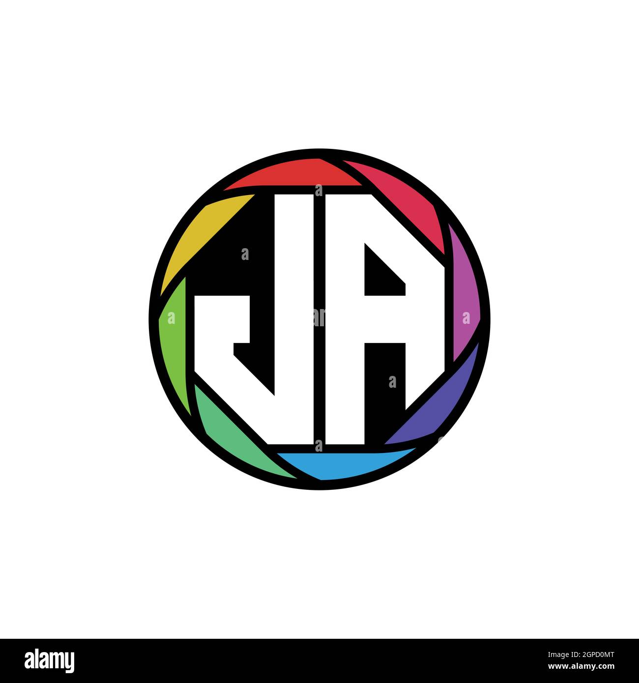 JA Monogramm Logo Buchstabe Geometrische Polygonale Linse Regenbogen, geometrischer Kreis abgerundete Form Stil Stock Vektor