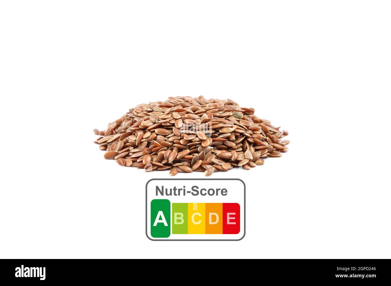 Präsentation der Lebensmittelkennzeichnung mit dem Nutri-Score von Leinsamen Stockfoto
