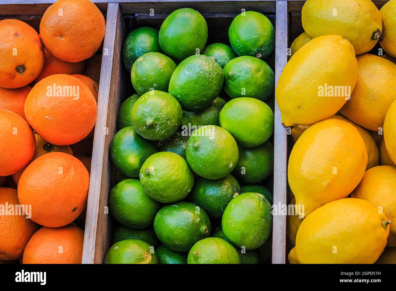 Bunte Orangen, Limetten und Zitronen, aufgenommen auf einem Lebensmittelmarkt in Italien. Stockfoto