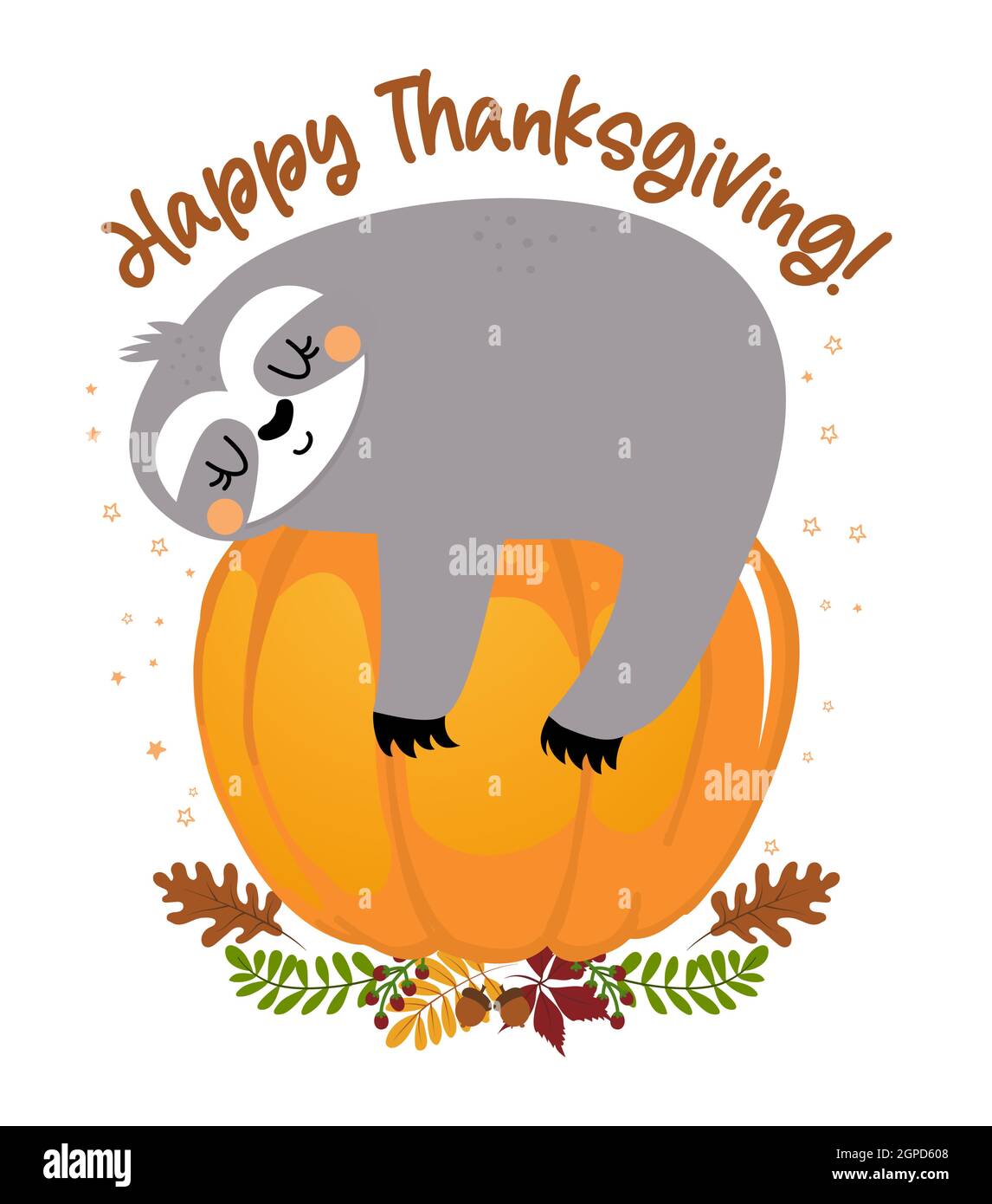 Happy Thanksgiving - lustiges Faultier, das an der Kürbislaterne hängt. Faultier-Doodle zum Drucken zeichnen. Liebenswert Poster für Thanksgiving Party, gut für T-Shirts, g Stock Vektor