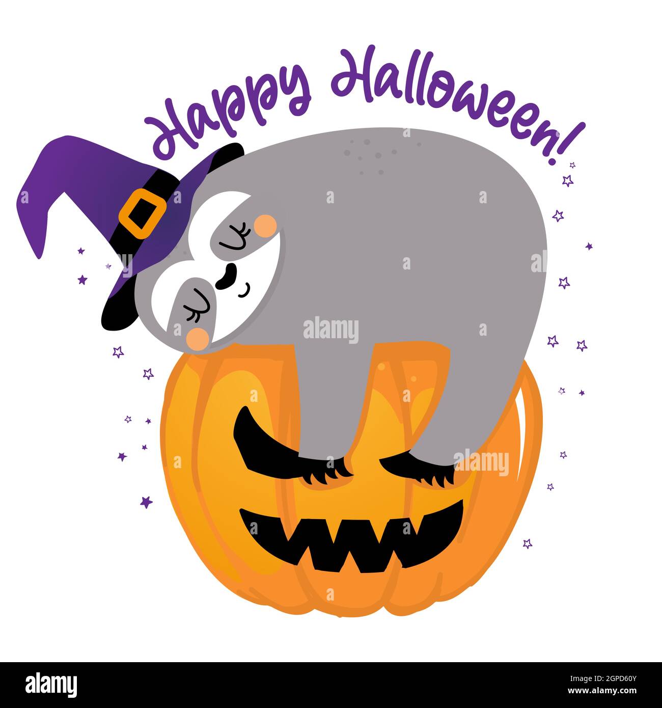 Happy Halloween - lustiges Faultier, das an der Kürbislaterne hängt. Faultier-Doodle zum Drucken zeichnen. Entzückendes Poster für Halloween-Party, gut für T-Shirts, Geschenke, Stock Vektor