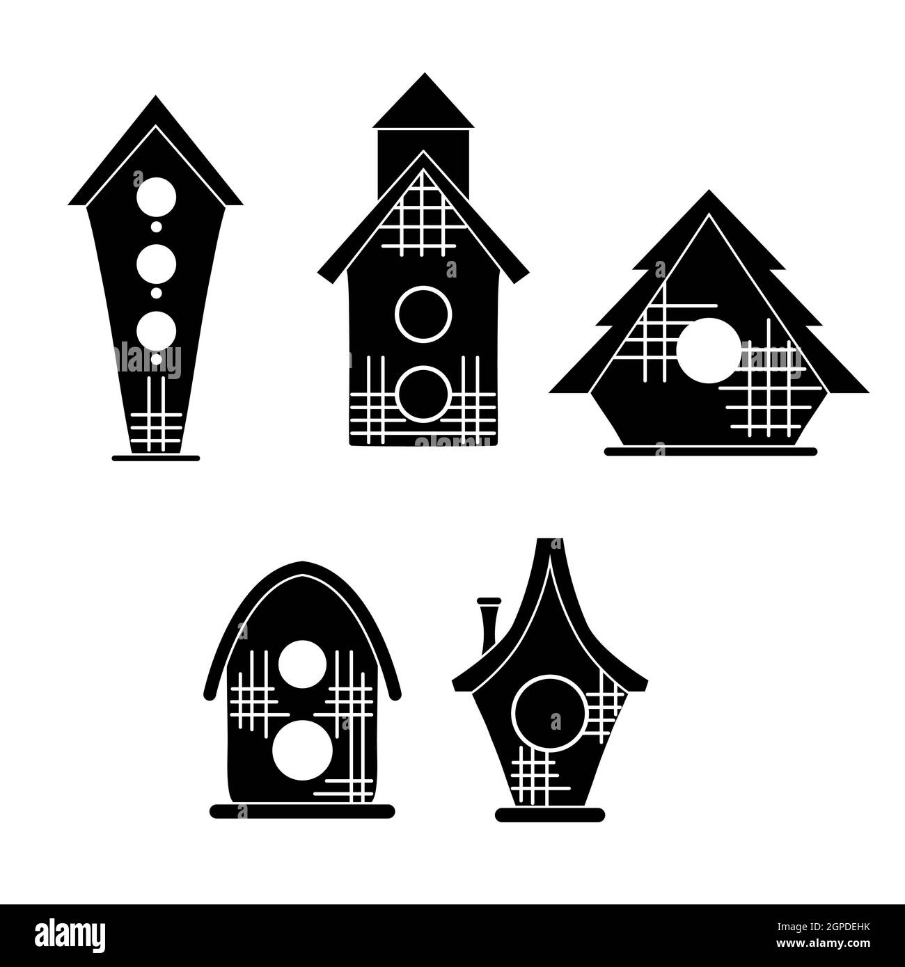 Set von schwarzen Silhouette von einfachen Vogelhäusern auf weißem Hintergrund. Vektorgrafik Illustration von kleinen Häusern. Ikone mit geometrischen Cartoon-Vogelhäusern Stock Vektor