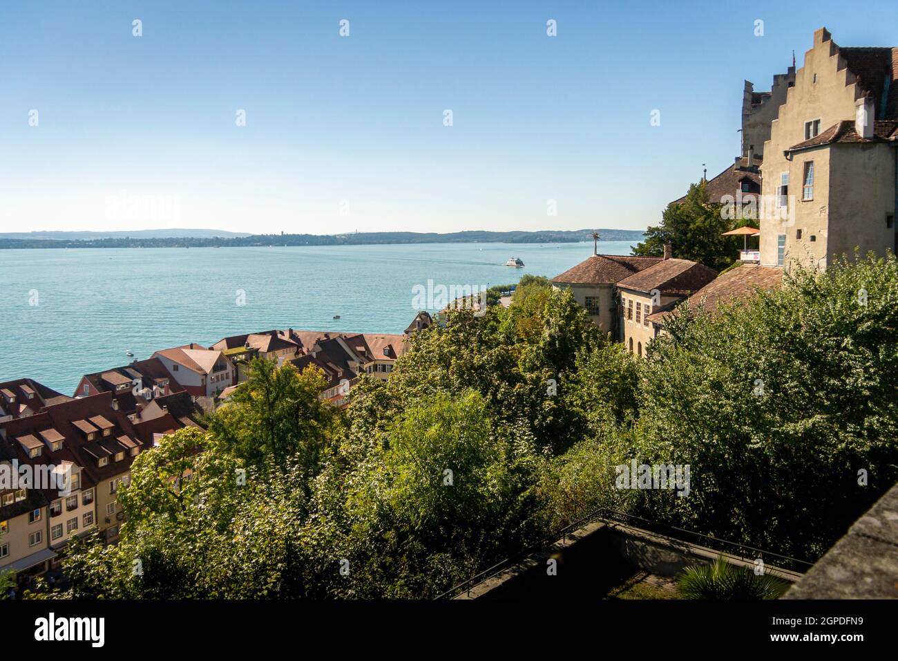 Blick auf den Bodensee vom Neuen Schloss in der Stadt Meersburg, Deutschland Stockfoto