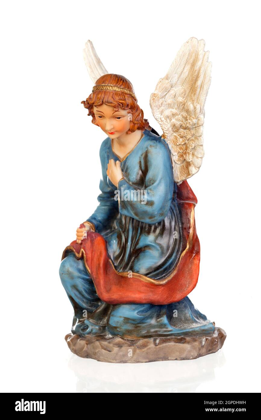 Keramik Figur der Engel der Krippe auf weißem Hintergrund Stockfoto