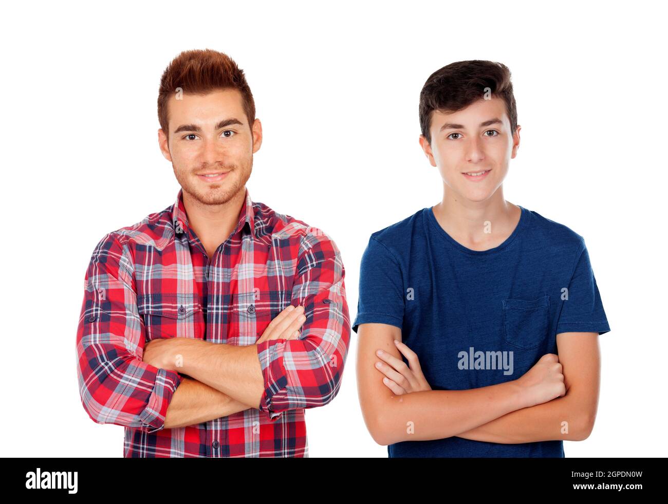 Zwei hübsche Jungs isoliert auf weißem Hintergrund Stockfoto
